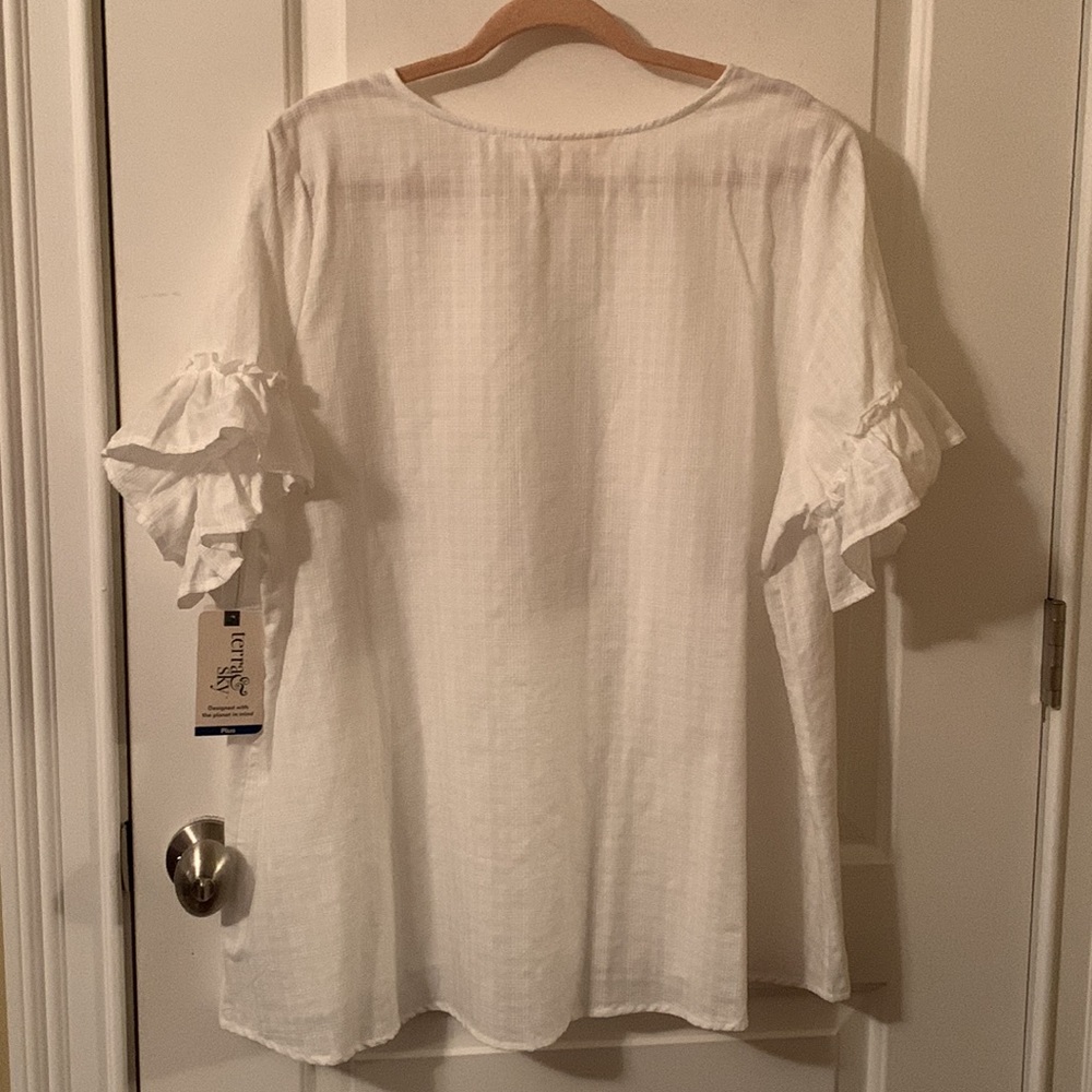 NWT Terra & Sky 1x-4x winter white ruffled short sleeves shirred cotton tops - Picture 8 of 13